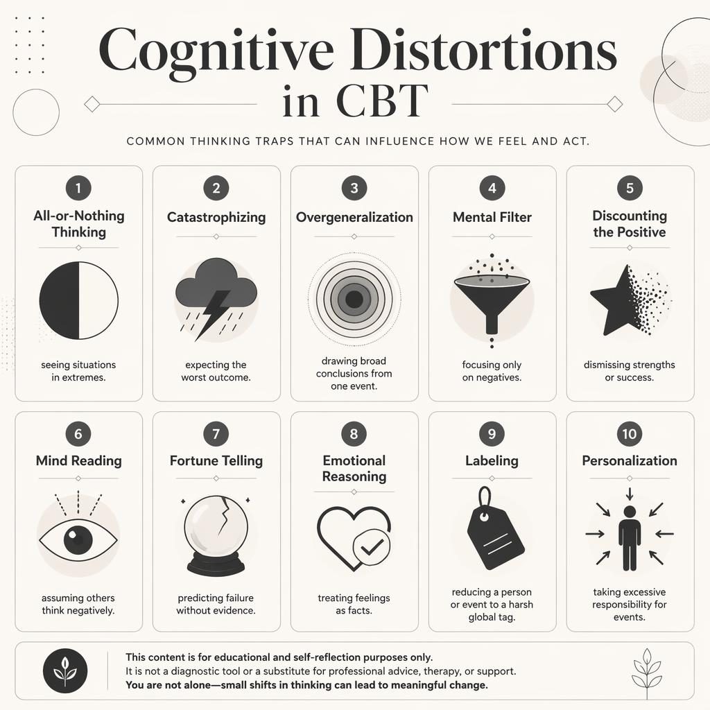 Monochrome psychology poster grid with 10 CBT cognitive distortions cards, icons, captions, and an educational footer note.