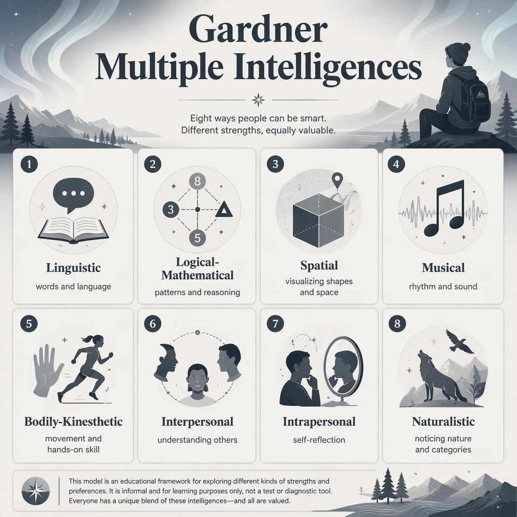 Monochrome educational poster grid on Gardner multiple intelligences with 8 numbered cards, icons, captions, and footer note.