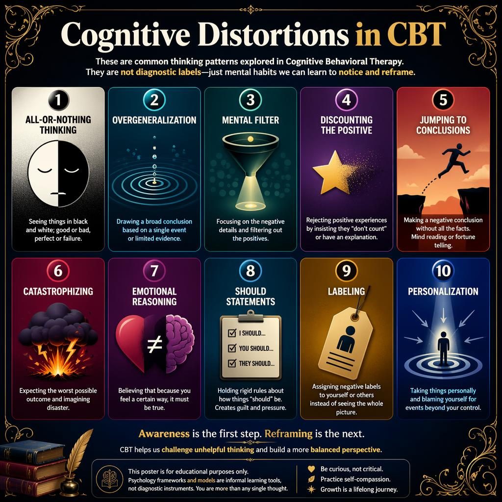 Psychology infographic poster grid with 10 CBT cognitive distortion cards, bold gradients, icons, subtitle, and footer note.