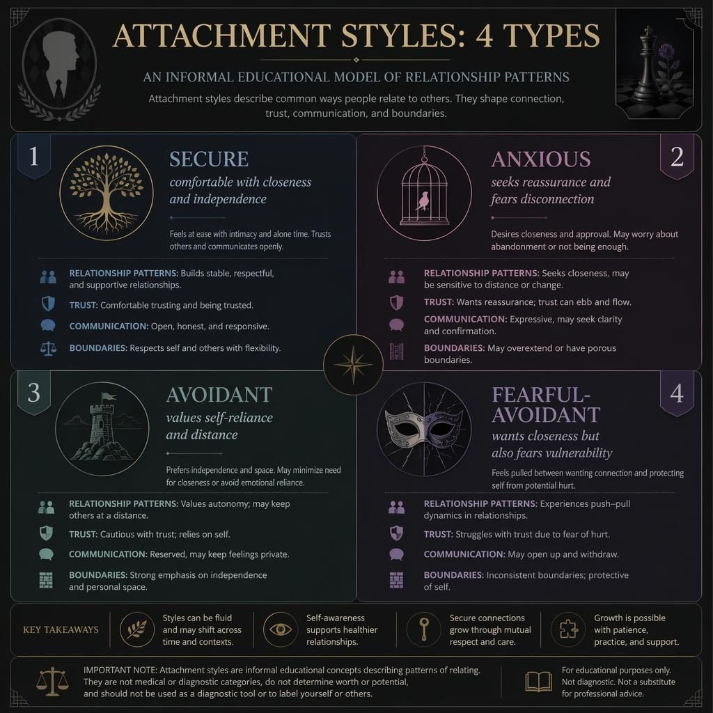Dark academic 2x2 infographic on attachment styles with four labeled panels, icons, captions, callouts, and footer note.