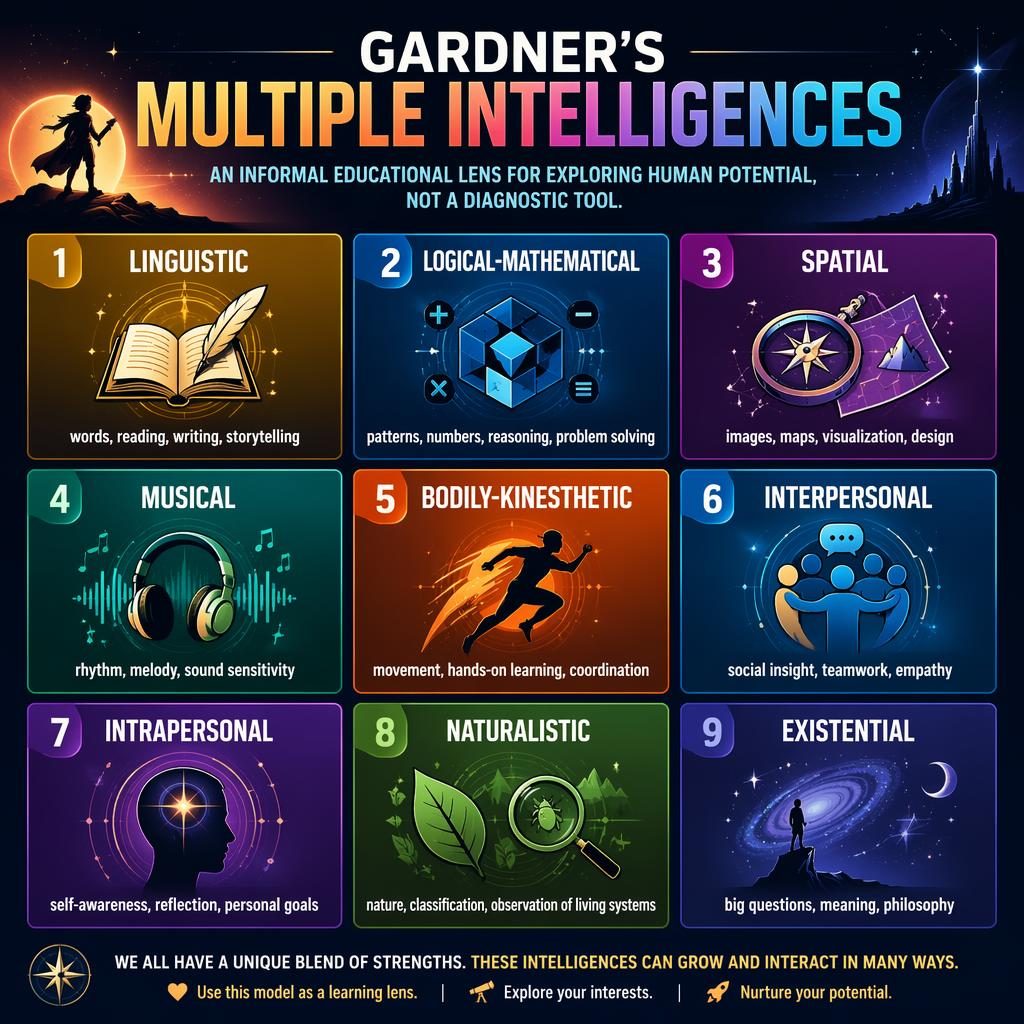 Colorful 3x3 psychology infographic matrix on Gardner's Multiple Intelligences with 9 labeled panels, icons, captions, and bold gradients.