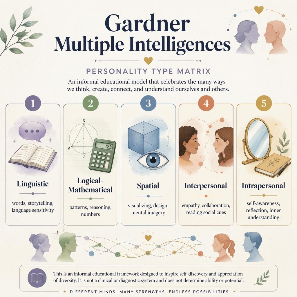 Psychology infographic with 5 numbered cards, icons, muted rainbow palette, and footer note stating it is educational, not diagnostic.