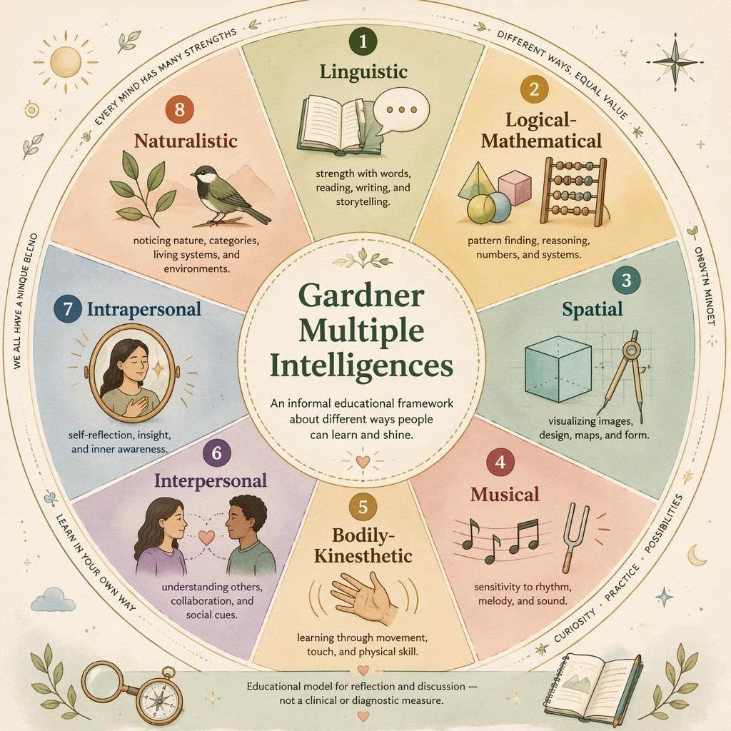 Circular psychology infographic on Gardner Multiple Intelligences with 8 labeled segments, icons, sage and blush tones.