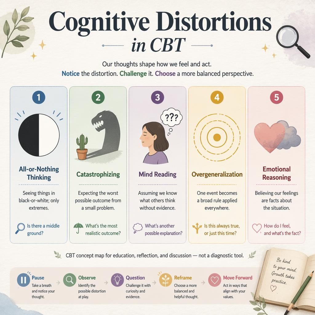 Editorial psychology infographic with 5 numbered CBT cards, icons, muted rainbow palette, and educational footer note.