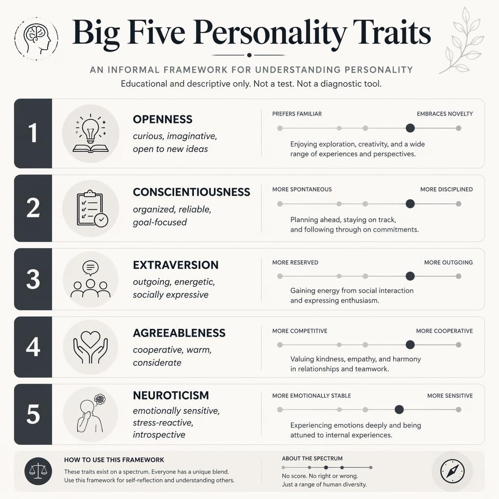Minimal monochrome infographic poster with 5 numbered Big Five personality trait cards, icons, captions, and subtle spectrum bars.