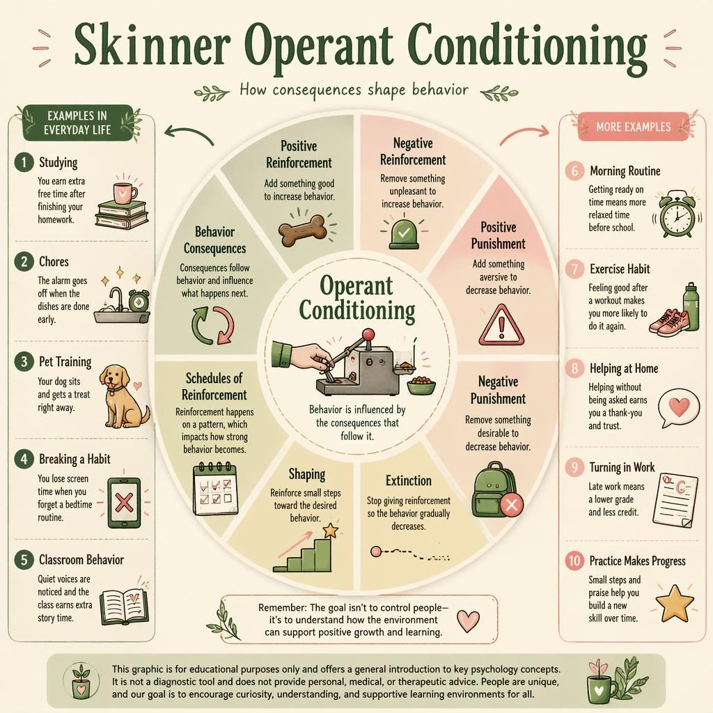 Educational psychology wheel infographic on operant conditioning in sage and blush with labeled segments, icons, and example cards.