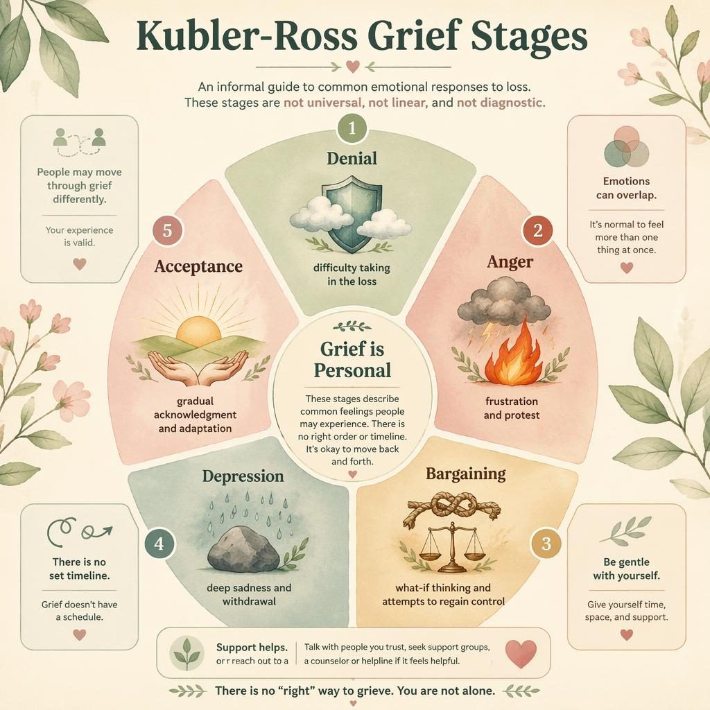 Educational grief stages wheel infographic with 5 labeled segments, soft sage and blush watercolor, icons, and English captions.