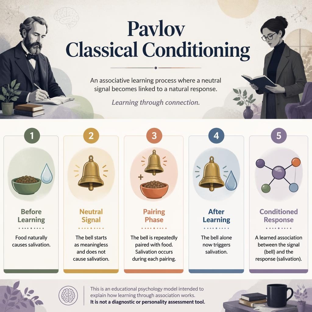 Five-card Pavlov classical conditioning infographic with muted rainbow icons, captions, footer note, and reserved character silhouettes.