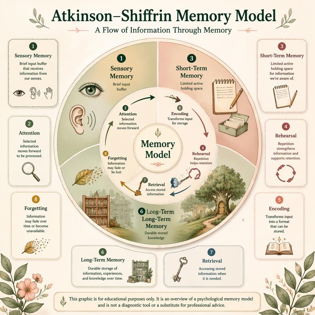 Warm illustrated psychology wheel infographic showing sensory, short-term, and long-term memory with arrows and icons.