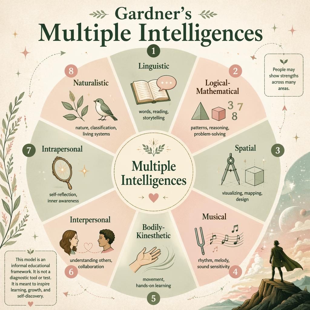 Radial psychology infographic on Multiple Intelligences with 8 labeled segments, icons, sage and blush palette, cream background.