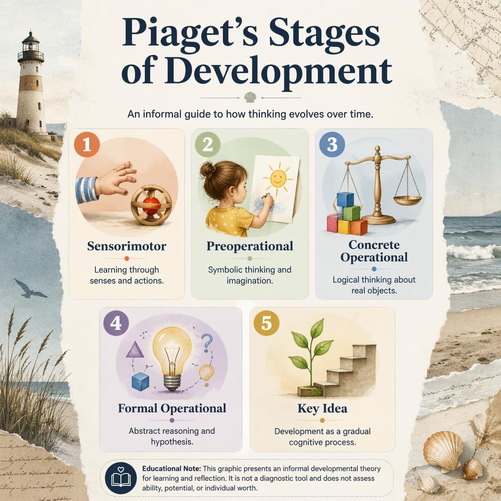 Educational infographic with 5 numbered cards on Piaget’s stages, icons, muted rainbow palette, and subtle coastal collage motifs.