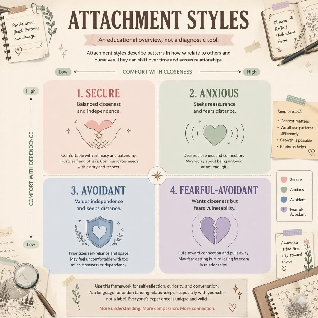 Pastel psychology infographic showing 4 attachment style quadrants with icons, axes, English labels, and soft editorial layout.