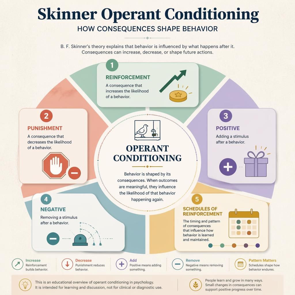 Editorial psychology infographic on operant conditioning with 5 numbered cards, icons, muted rainbow palette, and soft texture.