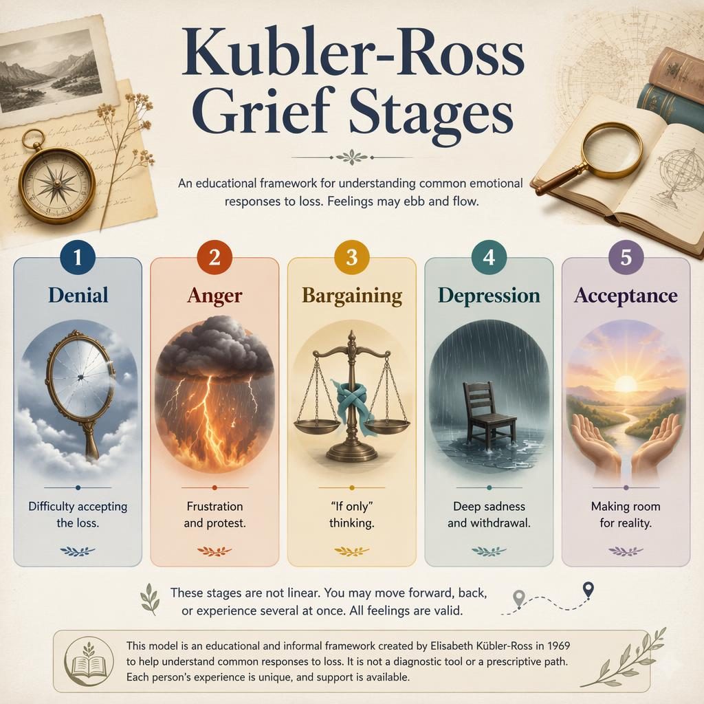 Editorial infographic with 5 illustrated cards for grief stages: denial, anger, bargaining, depression, acceptance.