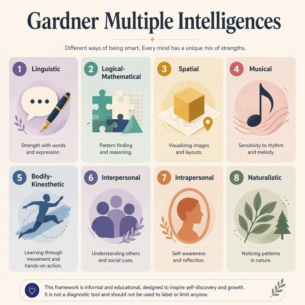 Editorial infographic with 8 numbered Gardner multiple intelligences cards, muted rainbow icons, captions, and footer note.