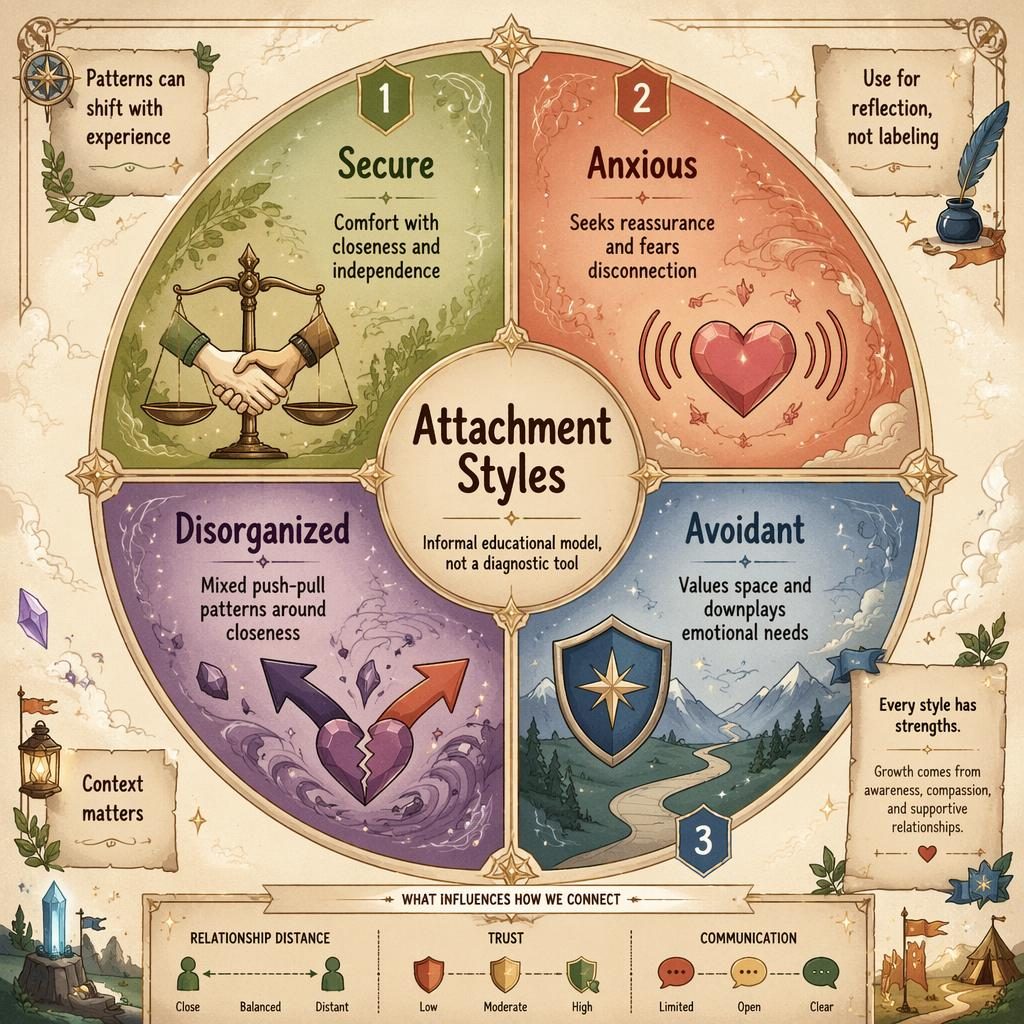 Circular attachment styles infographic with 4 labeled segments, central hub, icons, callouts, and warm sketchnote design