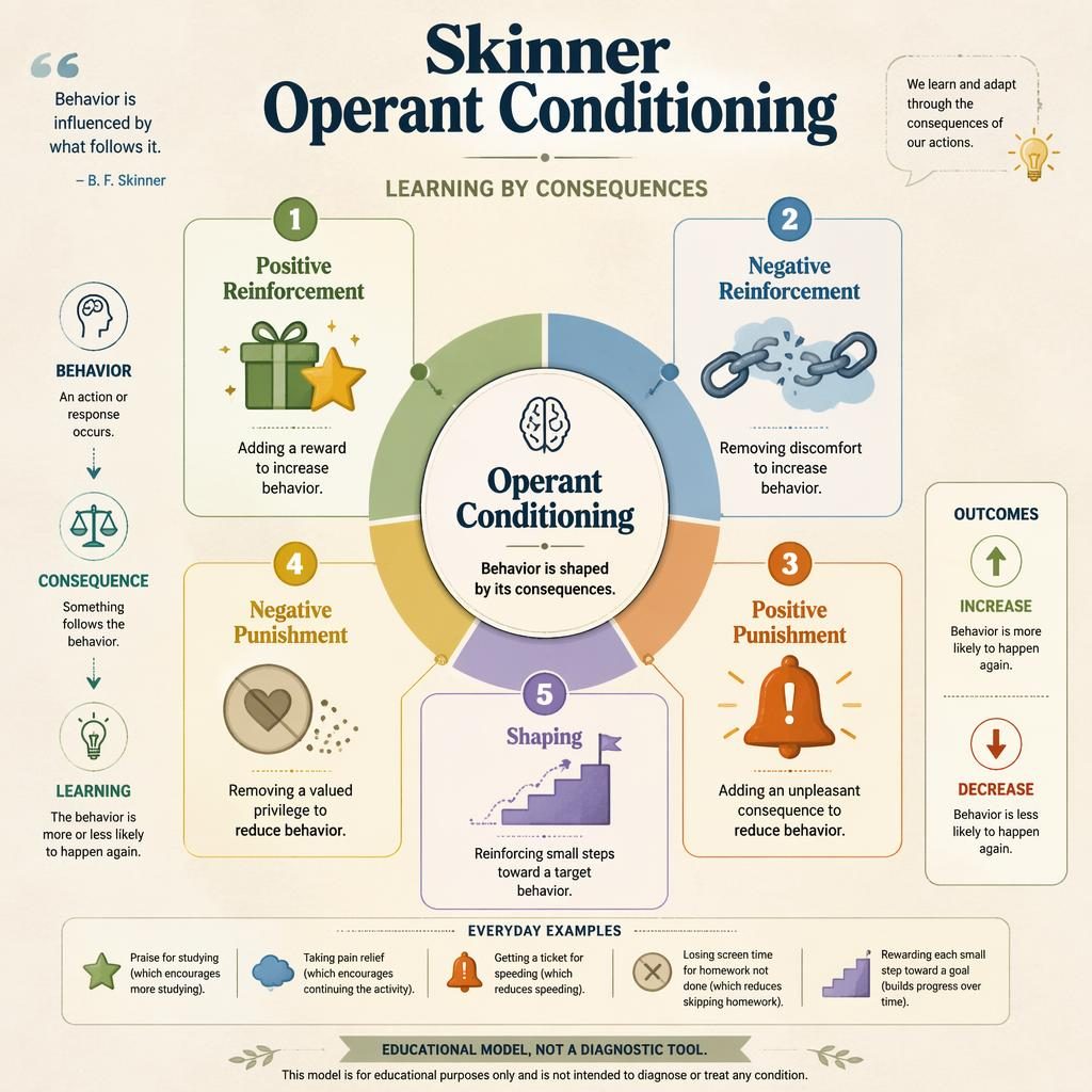 Editorial psychology infographic wheel on operant conditioning with 5 numbered cards, icons, muted rainbow palette, and English labels.
