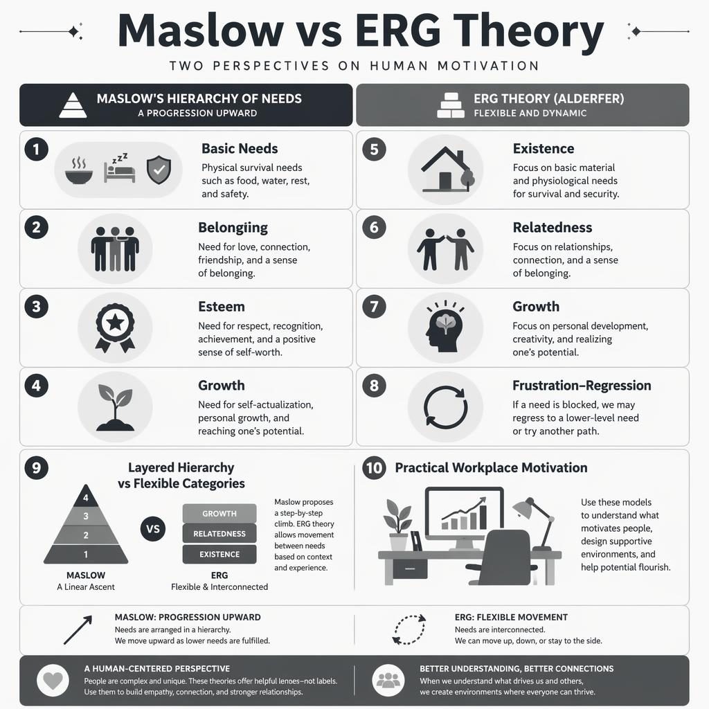 Monochrome psychology infographic grid comparing Maslow hierarchy and ERG theory with icons, pyramid, modular blocks, arrows, and captions.