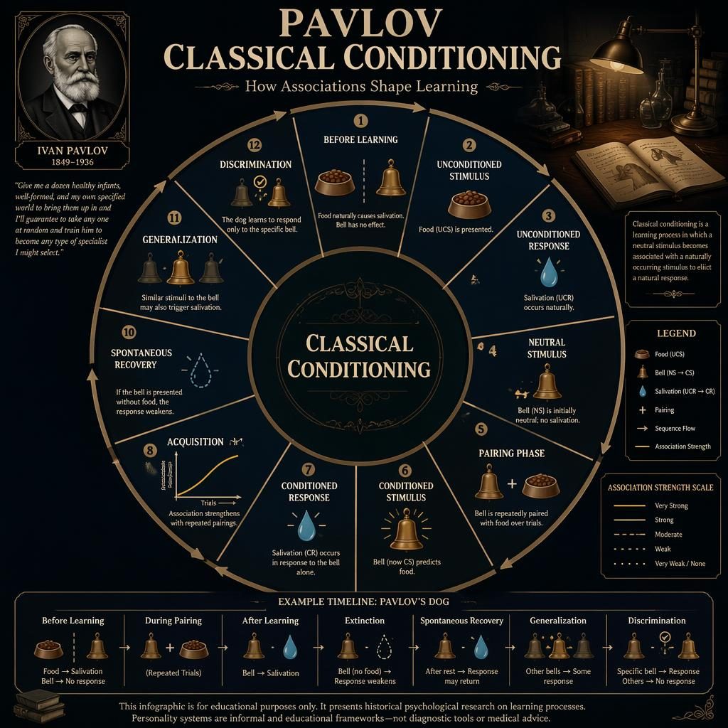 Dark mode circular infographic on Pavlov classical conditioning with 12 labeled segments, icons, arrows, legend, and timeline.
