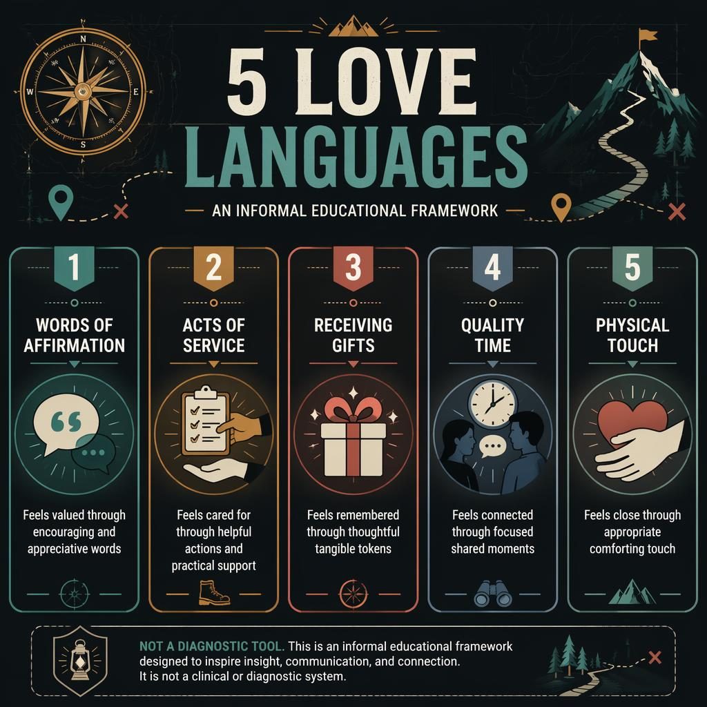Dark mode infographic with 5 numbered love language cards, icons, captions, and a small educational footer note.