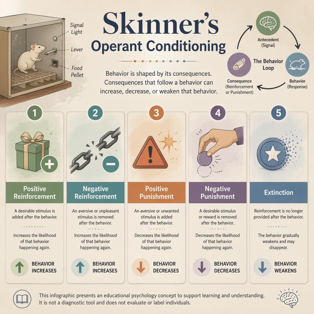 Educational infographic with 5 numbered cards on operant conditioning, icons, muted rainbow palette, and subtle Skinner box motifs.