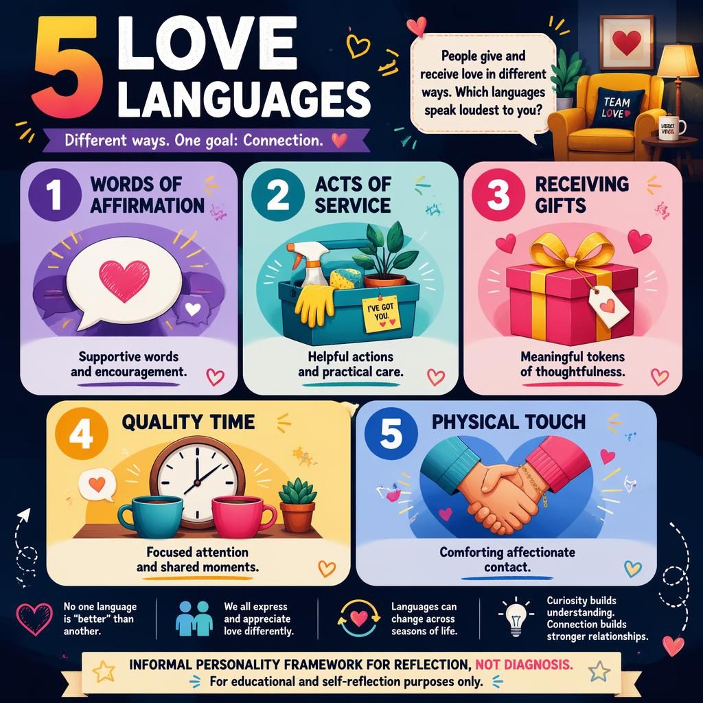 Editorial psychology infographic with 5 numbered love language cards, icons, gradient blocks, and an educational note.
