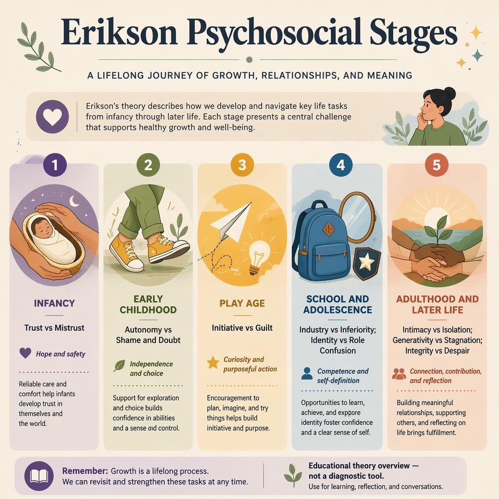 Editorial psychology infographic with 5 numbered cards summarizing Erikson stages, icons, muted rainbow palette, and footer note