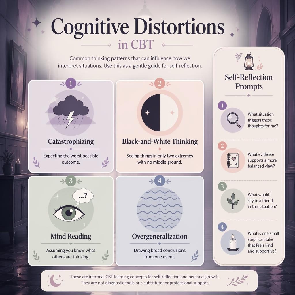 Pastel CBT infographic with 4 quadrants: Catastrophizing, Black-and-White Thinking, Mind Reading, and Overgeneralization.