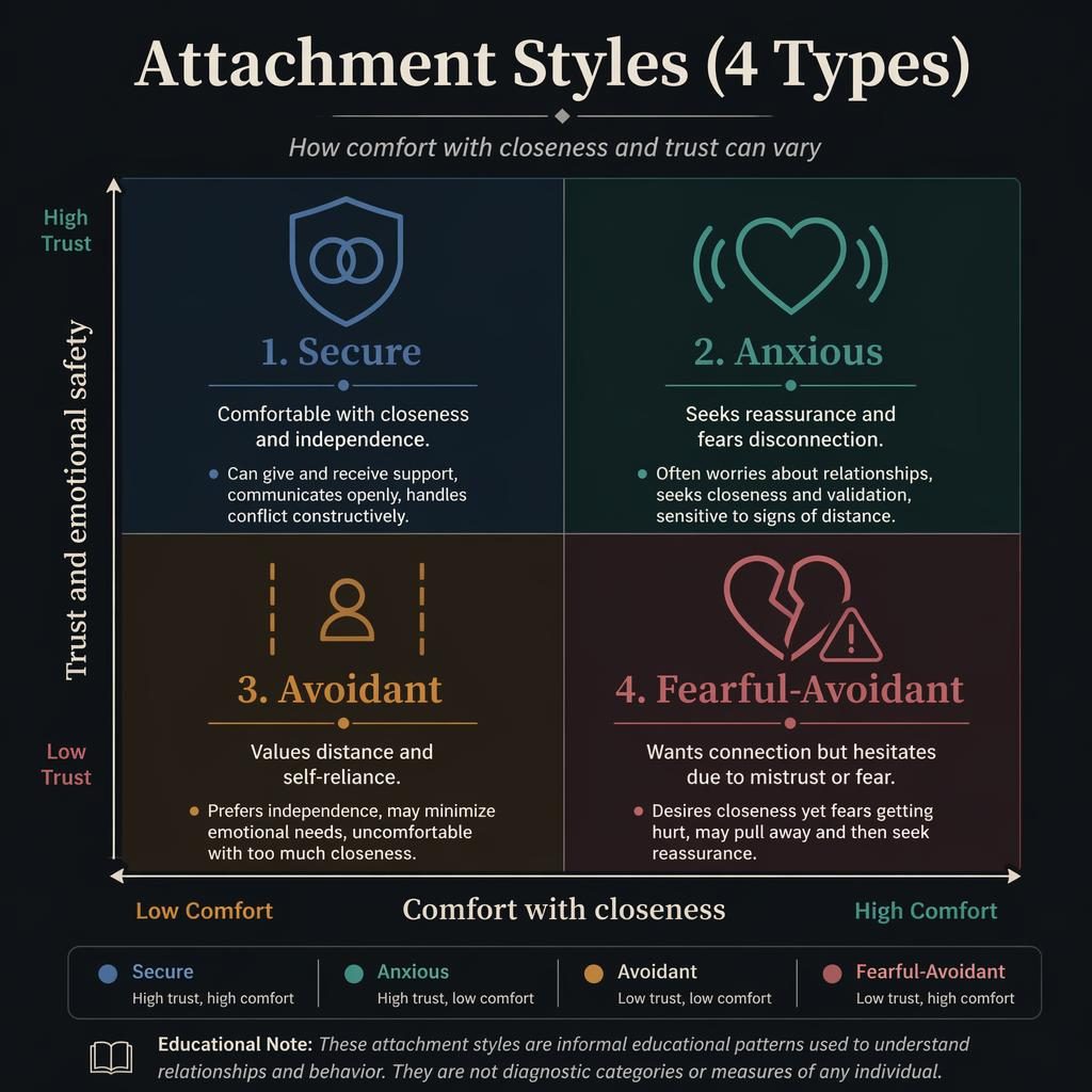 Tmavá infografika se 4 kvadranty attachment stylů, osami důvěry a blízkosti, ikonami a tlumenými barvami.