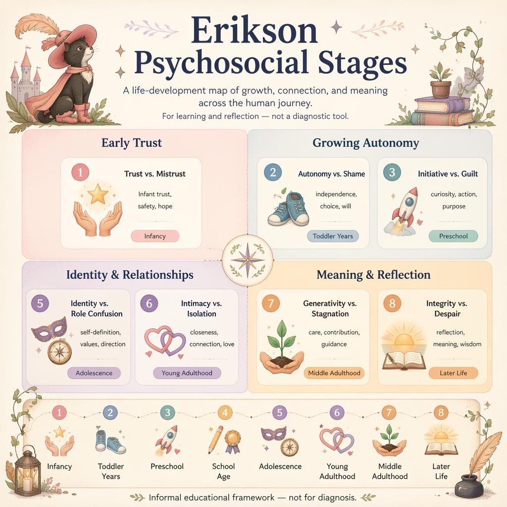 Pastel psychology infographic of Erikson’s 8 psychosocial stages in a 2x2 quadrant with timeline, icons, and whimsical fairy-tale cat accents.