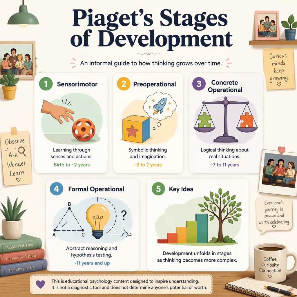 Psychology infographic with 5 numbered cards on Piaget's stages, icons, muted rainbow palette, and educational footer note.