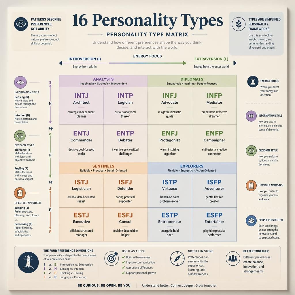 Plakat infograficzny 4x4 o 16 typach osobowości na ścianie studia, pastelowe kolory, osie cech i opisy MBTI.