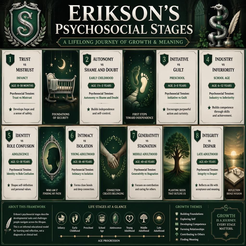 4x4 Erikson's Psychosocial Stages infographic poster with 8 labeled stage cards, 8 symbolic panels, and dark green editorial styling.
