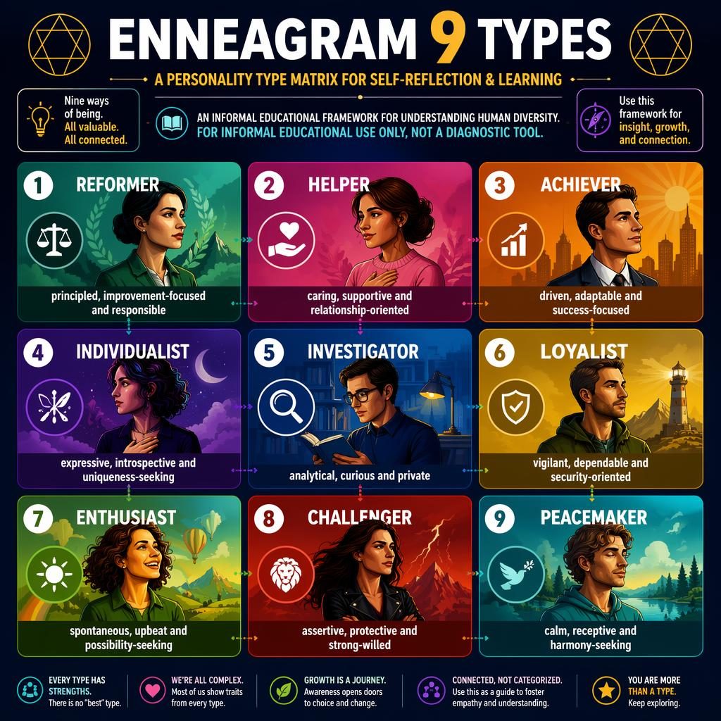 Editorial infographic of Enneagram 9 Types in a 3x3 grid with bold gradients, icons, portraits, traits, and learning note.