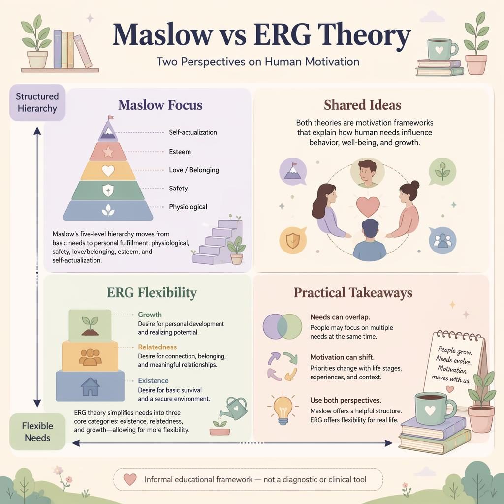 Pastel 2x2 infographic comparing Maslow and ERG theory with icons, axes, quadrant headings, captions, and footer note.