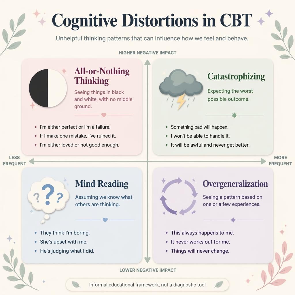 Pastel 2x2 CBT infographic with four quadrants, icons, bullet examples, and a footer note on a soft cream background.