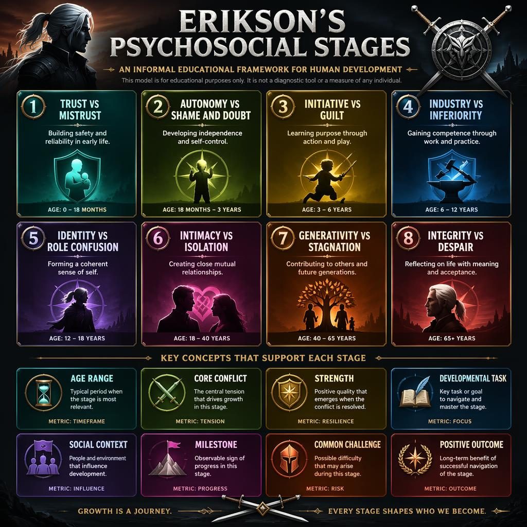 4x4 psychology infographic grid on Erikson's psychosocial stages with gradient cards, icons, and subtle fantasy swordsman motifs