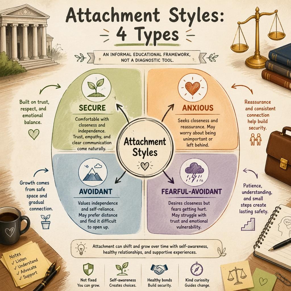 Infografía circular en estilo sketchnote sobre 4 tipos de apego, con iconos, flechas dibujadas y guiños visuales legales.