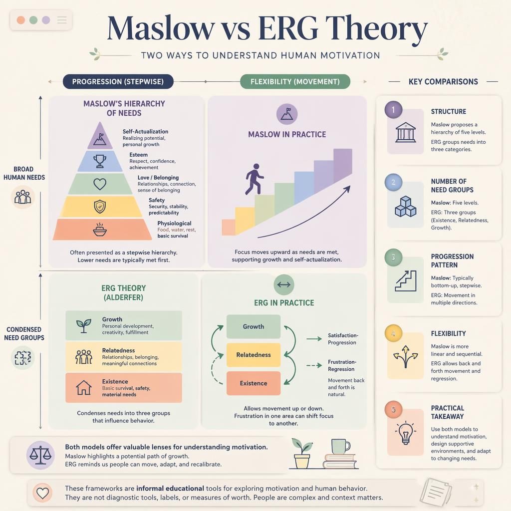 Pastel psychology infographic comparing Maslow pyramid and ERG blocks in a 2x2 quadrant with icons, arrows, and side cards.