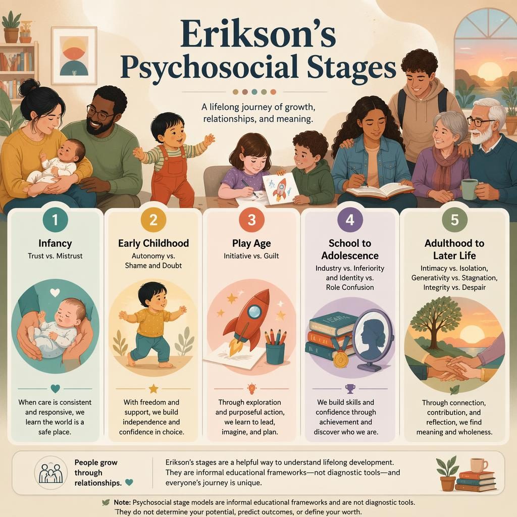 5-card psychology infographic on Erikson's psychosocial stages with icons, muted rainbow palette, and modern family editorial vibe