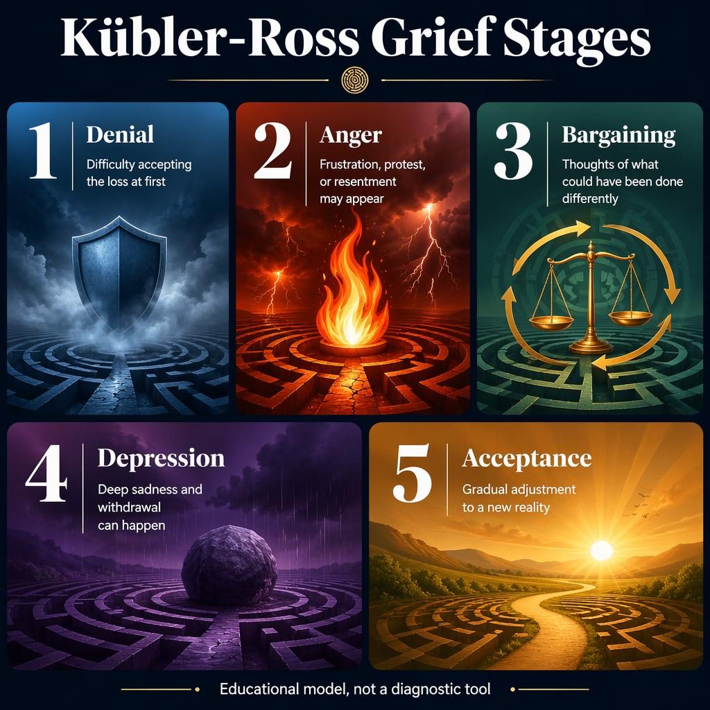 Editorial infographic with 5 gradient cards for Kübler-Ross grief stages, maze motifs, icons, captions, and footer note.