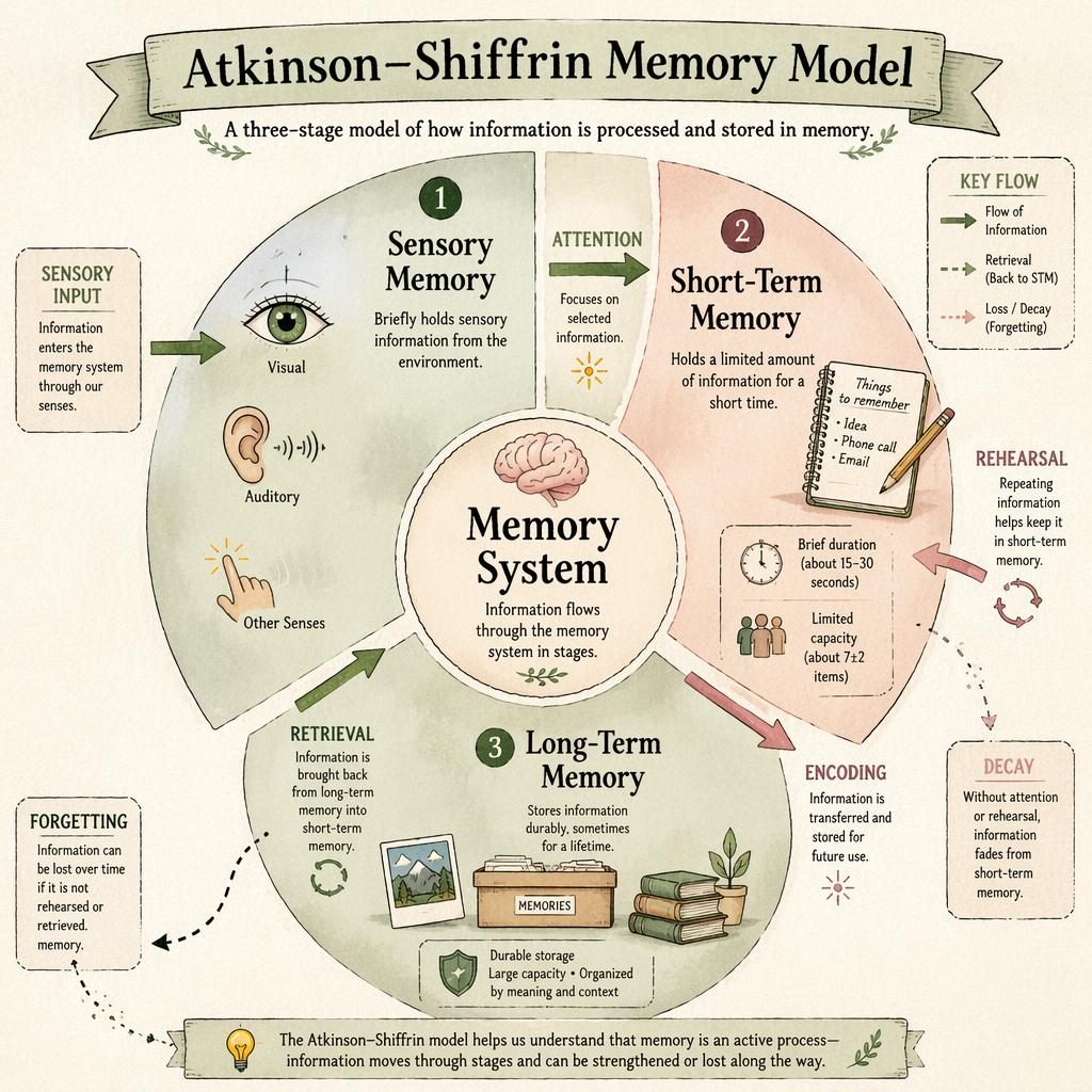 Hand-illustrated circular psychology infographic of the Atkinson–Shiffrin memory model with arrows, icons, and labels.