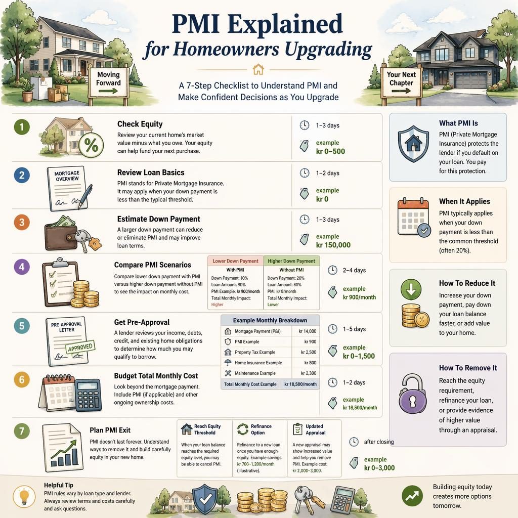 Warm pastel real estate infographic with 7 numbered checklist stages explaining PMI, equity, down payment, costs, and exit options.