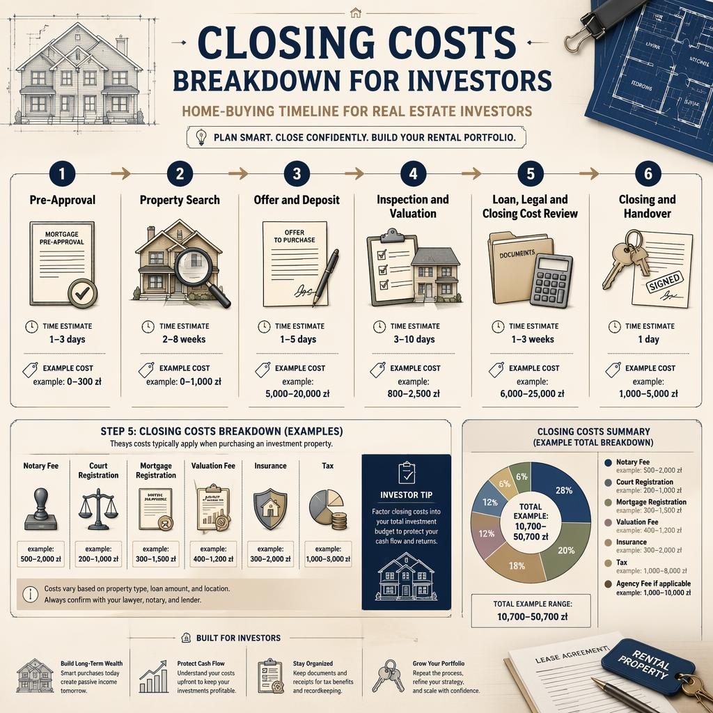 Real estate infographic timeline showing 6 investor home-buying stages with example closing costs in zł and blueprint icons.