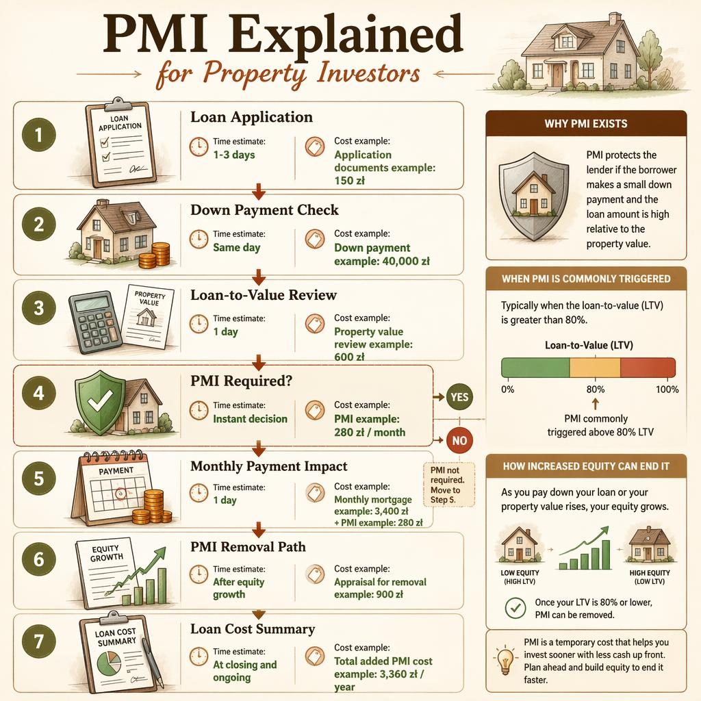Vertical real estate flowchart infographic with 7 PMI stages, PLN cost examples, beige hand-drawn icons, and side panel.