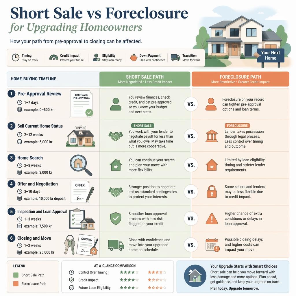 Pastel real estate infographic timeline comparing short sale vs foreclosure across 6 home-buying stages for upgrading homeowners.
