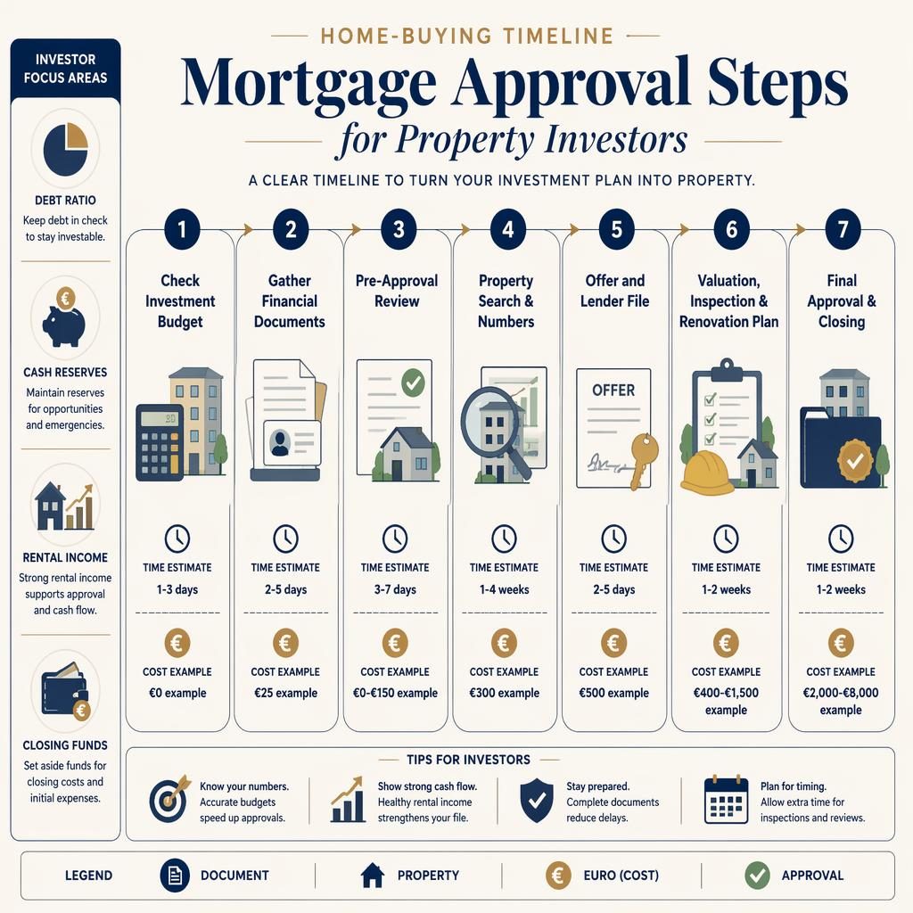 Infographie immobilière style magazine montrant 7 étapes d’approbation hypothécaire pour investisseur, avec icônes, délais, coûts et repères en EUR.