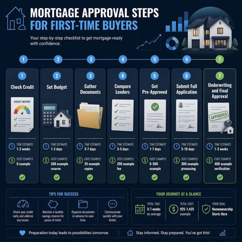 Infographie immobilière sombre en 7 étapes numérotées sur l’approbation hypothécaire pour primo-accédants, avec icônes, délais et coûts exemple.