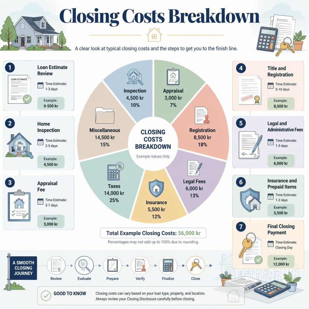 Immobilien-Infografik mit großem Kreisdiagramm zu Kaufnebenkosten in SEK, 7 nummerierten Schritten, Icons für Haus, Dokumente, Schlüssel.