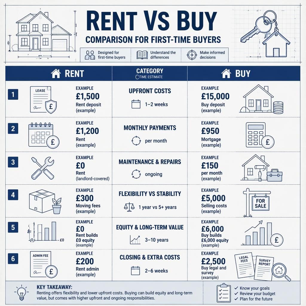 Infographie immobilière en style blueprint comparant location et achat sur 6 étapes, avec icônes, coûts en GBP et grille.
